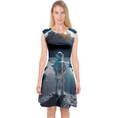 Ai Generated Space Astronaut Universe Moon Earth Capsleeve Midi Dress by Ravend