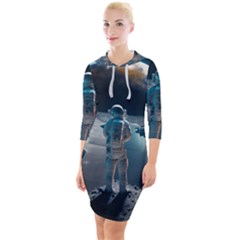 Ai Generated Space Astronaut Universe Moon Earth Quarter Sleeve Hood Bodycon Dress by Ravend