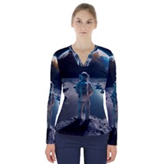 Ai Generated Space Astronaut Universe Moon Earth V-neck Long Sleeve Top by Ravend