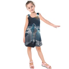 Ai Generated Space Astronaut Universe Moon Earth Kids  Sleeveless Dress by Ravend