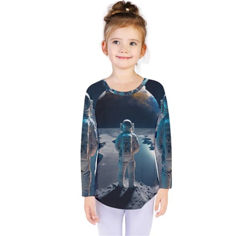 Ai Generated Space Astronaut Universe Moon Earth Kids  Long Sleeve Tee by Ravend