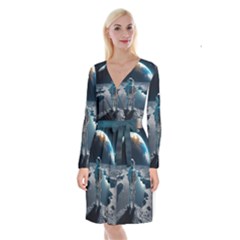 Ai Generated Space Astronaut Universe Moon Earth Long Sleeve Velvet Front Wrap Dress by Ravend