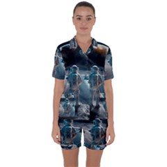 Ai Generated Space Astronaut Universe Moon Earth Satin Short Sleeve Pajamas Set by Ravend