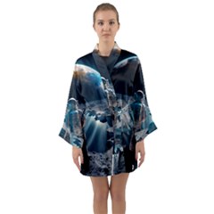 Ai Generated Space Astronaut Universe Moon Earth Long Sleeve Satin Kimono by Ravend