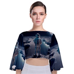 Ai Generated Space Astronaut Universe Moon Earth Tie Back Butterfly Sleeve Chiffon Top by Ravend