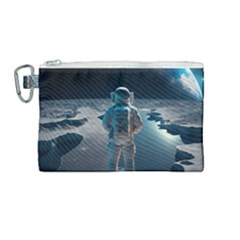 Ai Generated Space Astronaut Universe Moon Earth Canvas Cosmetic Bag (medium) by Ravend