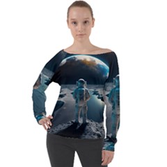 Ai Generated Space Astronaut Universe Moon Earth Off Shoulder Long Sleeve Velour Top by Ravend