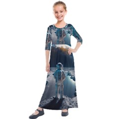 Ai Generated Space Astronaut Universe Moon Earth Kids  Quarter Sleeve Maxi Dress by Ravend