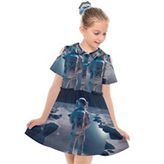 Ai Generated Space Astronaut Universe Moon Earth Kids  Short Sleeve Shirt Dress by Ravend