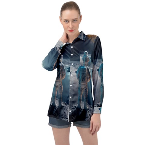 Ai Generated Space Astronaut Universe Moon Earth Long Sleeve Satin Shirt by Ravend