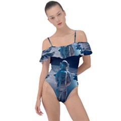 Ai Generated Space Astronaut Universe Moon Earth Frill Detail One Piece Swimsuit by Ravend