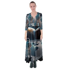 Ai Generated Space Astronaut Universe Moon Earth Button Up Maxi Dress by Ravend