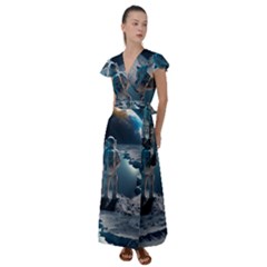 Ai Generated Space Astronaut Universe Moon Earth Flutter Sleeve Maxi Dress by Ravend