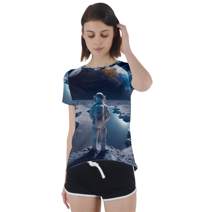 Ai Generated Space Astronaut Universe Moon Earth Short Sleeve Open Back Tee