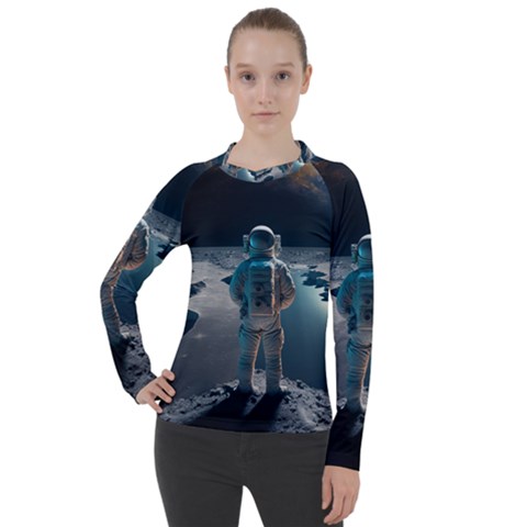 Ai Generated Space Astronaut Universe Moon Earth Women s Pique Long Sleeve Tee by Ravend