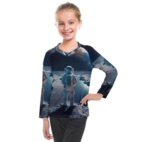 Ai Generated Space Astronaut Universe Moon Earth Kids  Long Mesh Tee by Ravend