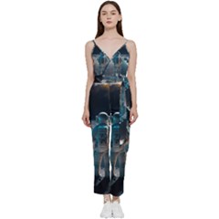 Ai Generated Space Astronaut Universe Moon Earth V-neck Spaghetti Strap Tie Front Jumpsuit