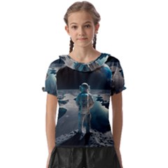 Ai Generated Space Astronaut Universe Moon Earth Kids  Frill Chiffon Blouse by Ravend