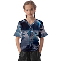 Ai Generated Space Astronaut Universe Moon Earth Kids  V-neck Horn Sleeve Blouse by Ravend