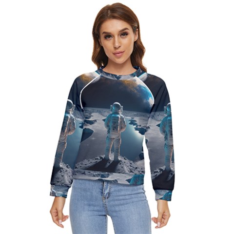 Ai Generated Space Astronaut Universe Moon Earth Women s Long Sleeve Raglan Tee by Ravend