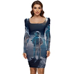 Ai Generated Space Astronaut Universe Moon Earth Women Long Sleeve Ruched Stretch Jersey Dress by Ravend