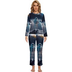 Ai Generated Space Astronaut Universe Moon Earth Womens  Long Sleeve Lightweight Pajamas Set by Ravend