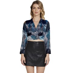 Ai Generated Space Astronaut Universe Moon Earth Long Sleeve Tie Back Satin Wrap Top by Ravend