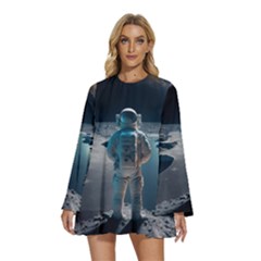 Ai Generated Space Astronaut Universe Moon Earth Round Neck Long Sleeve Bohemian Style Chiffon Mini Dress by Ravend