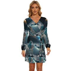 Ai Generated Space Astronaut Universe Moon Earth Long Sleeve Waist Tie Ruffle Velvet Dress