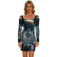 Ai Generated Space Astronaut Universe Moon Earth Long Sleeve Square Neck Bodycon Velvet Dress by Ravend