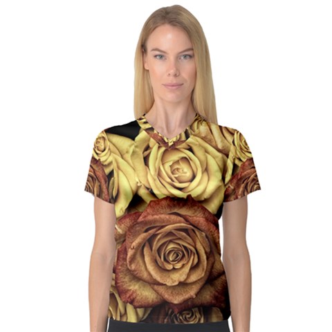 Flowers Roses Plant Bloom Blossom V-neck Sport Mesh Tee by Ravend