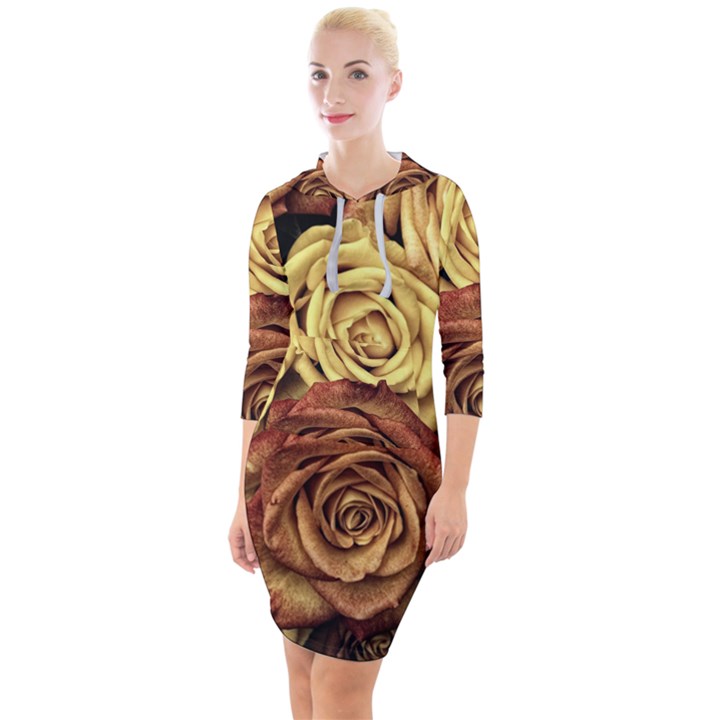 Flowers Roses Plant Bloom Blossom Quarter Sleeve Hood Bodycon Dress