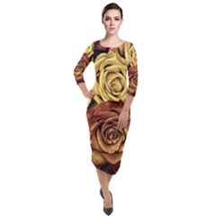 Flowers Roses Plant Bloom Blossom Quarter Sleeve Midi Velour Bodycon Dress by Ravend