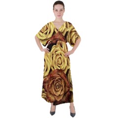 Flowers Roses Plant Bloom Blossom V-neck Boho Style Maxi Dress by Ravend