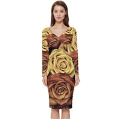 Flowers Roses Plant Bloom Blossom Long Sleeve V-neck Bodycon Dress  by Ravend