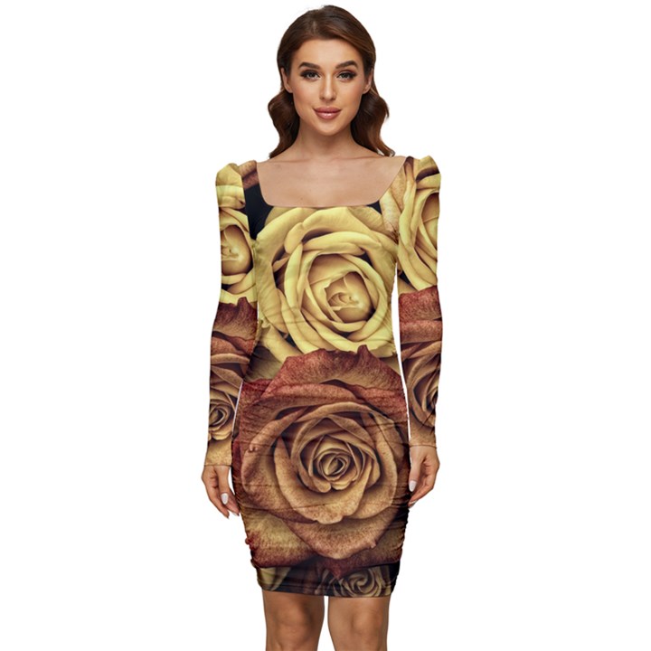 Flowers Roses Plant Bloom Blossom Women Long Sleeve Ruched Stretch Jersey Dress