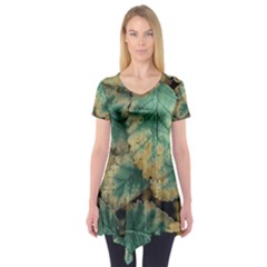 Colored Close Up Plants Leaves Pattern Short Sleeve Tunic 