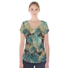 Colored Close Up Plants Leaves Pattern Short Sleeve Front Detail Top by dflcprintsclothing