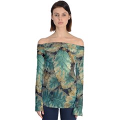 Colored Close Up Plants Leaves Pattern Off Shoulder Long Sleeve Top by dflcprintsclothing