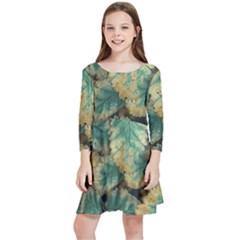 Colored Close Up Plants Leaves Pattern Kids  Quarter Sleeve Skater Dress by dflcprintsclothing