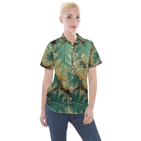 Colored Close Up Plants Leaves Pattern Women s Short Sleeve Pocket Shirt by dflcprintsclothing