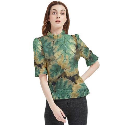 Colored Close Up Plants Leaves Pattern Frill Neck Blouse by dflcprintsclothing