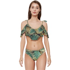 Colored Close Up Plants Leaves Pattern Ruffle Edge Tie Up Bikini Set	