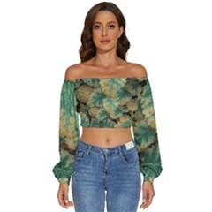 Colored Close Up Plants Leaves Pattern Long Sleeve Crinkled Weave Crop Top