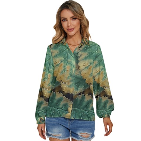 Colored Close Up Plants Leaves Pattern Women s Long Sleeve Button Down Shirt by dflcprintsclothing