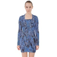 Blue Abstract Texture Print V-neck Bodycon Long Sleeve Dress by dflcprintsclothing