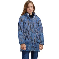 Blue Abstract Texture Print Kid s Hooded Longline Puffer Jacket by dflcprintsclothing