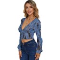 Blue Abstract Texture Print Long Sleeve Deep-V Velour Top View2