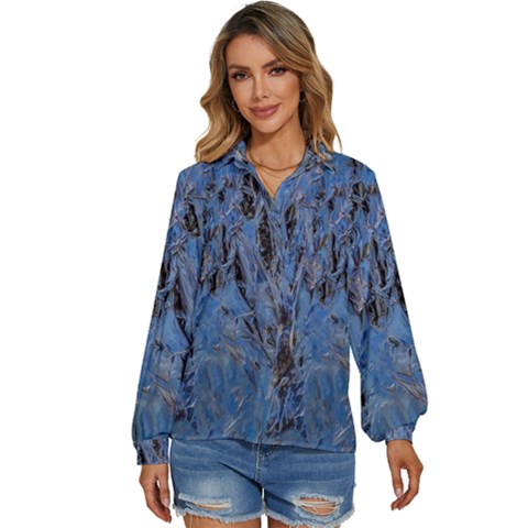 Blue Abstract Texture Print Women s Long Sleeve Button Down Shirt by dflcprintsclothing