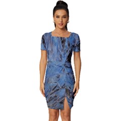 Blue Abstract Texture Print Fitted Knot Split End Bodycon Dress by dflcprintsclothing